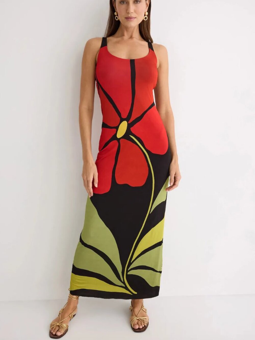 CALA de la CRUZ Solange Maxi Dress Red Black Floral Sundress Sleeveless Sun